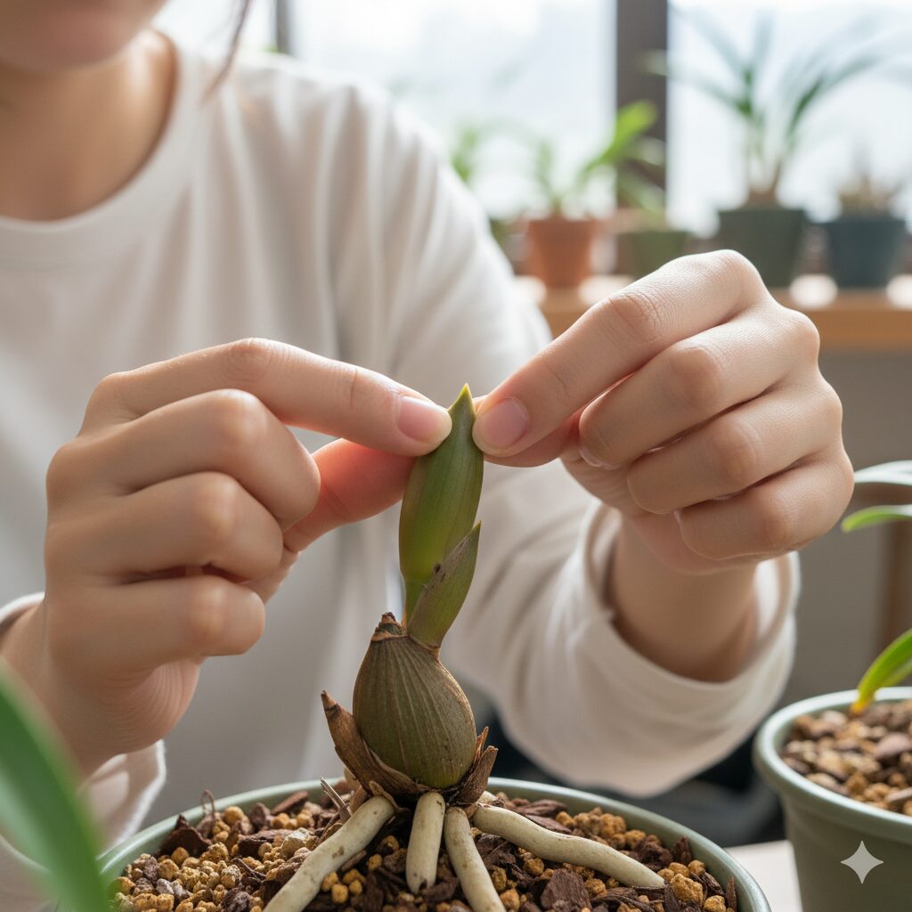 シンビジウムの「芽かき」。不要な葉芽を指で掻き取っている様子の写真。
