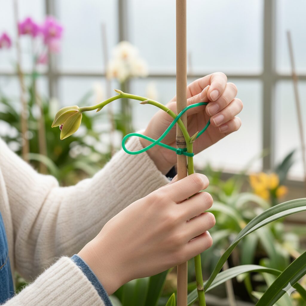 シンビジウムの花茎を支柱に「8の字」で優しく固定する方法のクローズアップ。