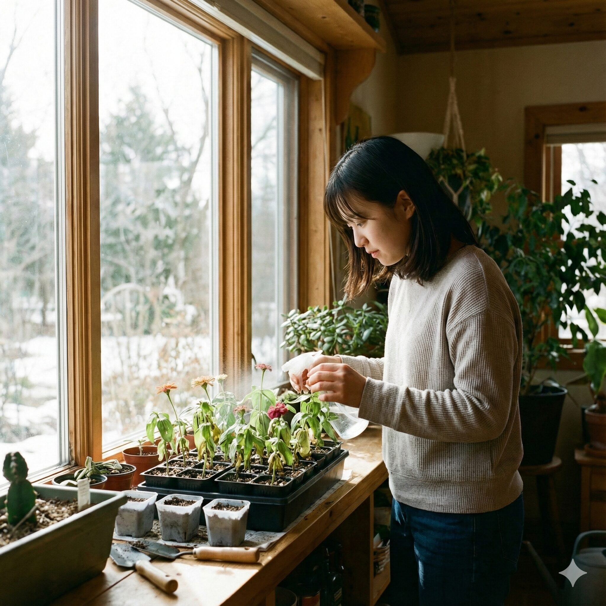 ジニア 多年草 冬越し用に室内で管理されているジニアの挿し木苗(ポット苗)