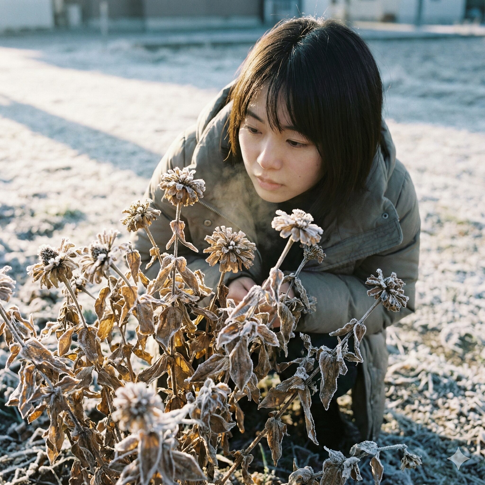 ジニア 多年草 日本の冬の寒さと霜により枯死した一年草のジニアの様子