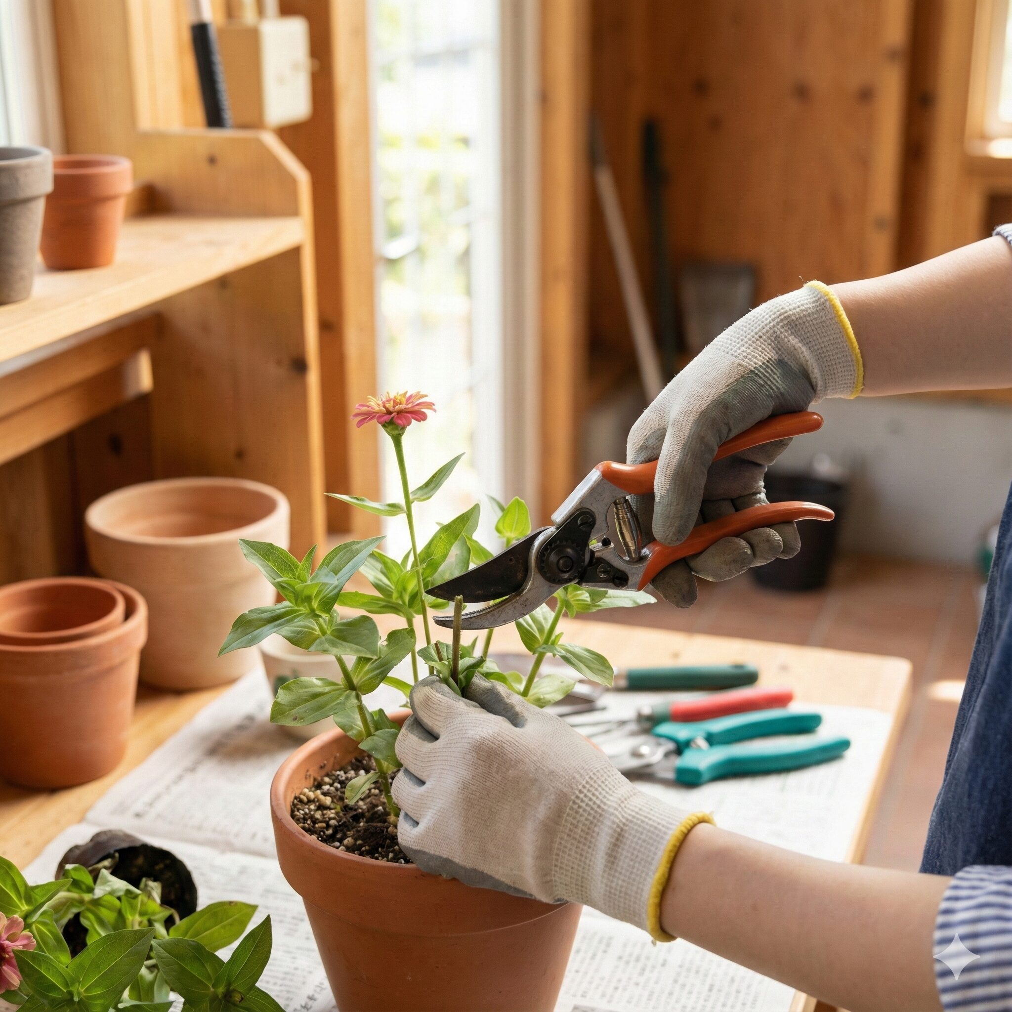 ジニア 多年草 冬越し準備のためにジニアの草丈を半分程度に切り戻し剪定している様子