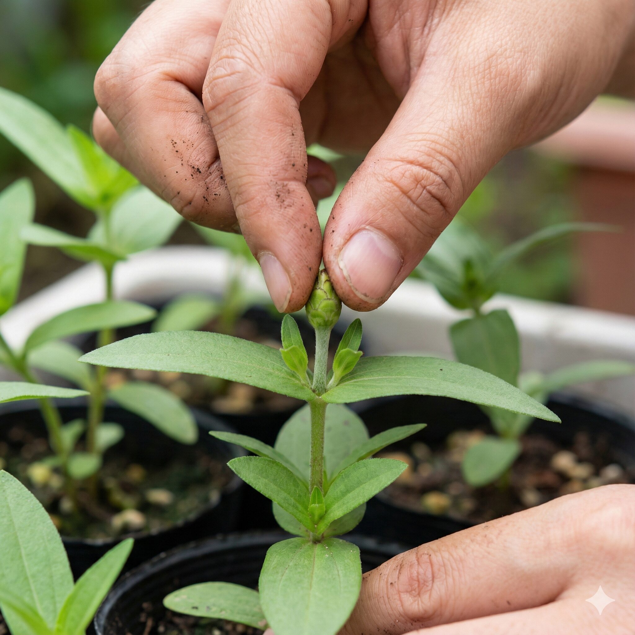 ジニア 多年草 ジニアの花数を増やすために苗の先端を摘み取る「摘心(ピンチ)」の作業手順