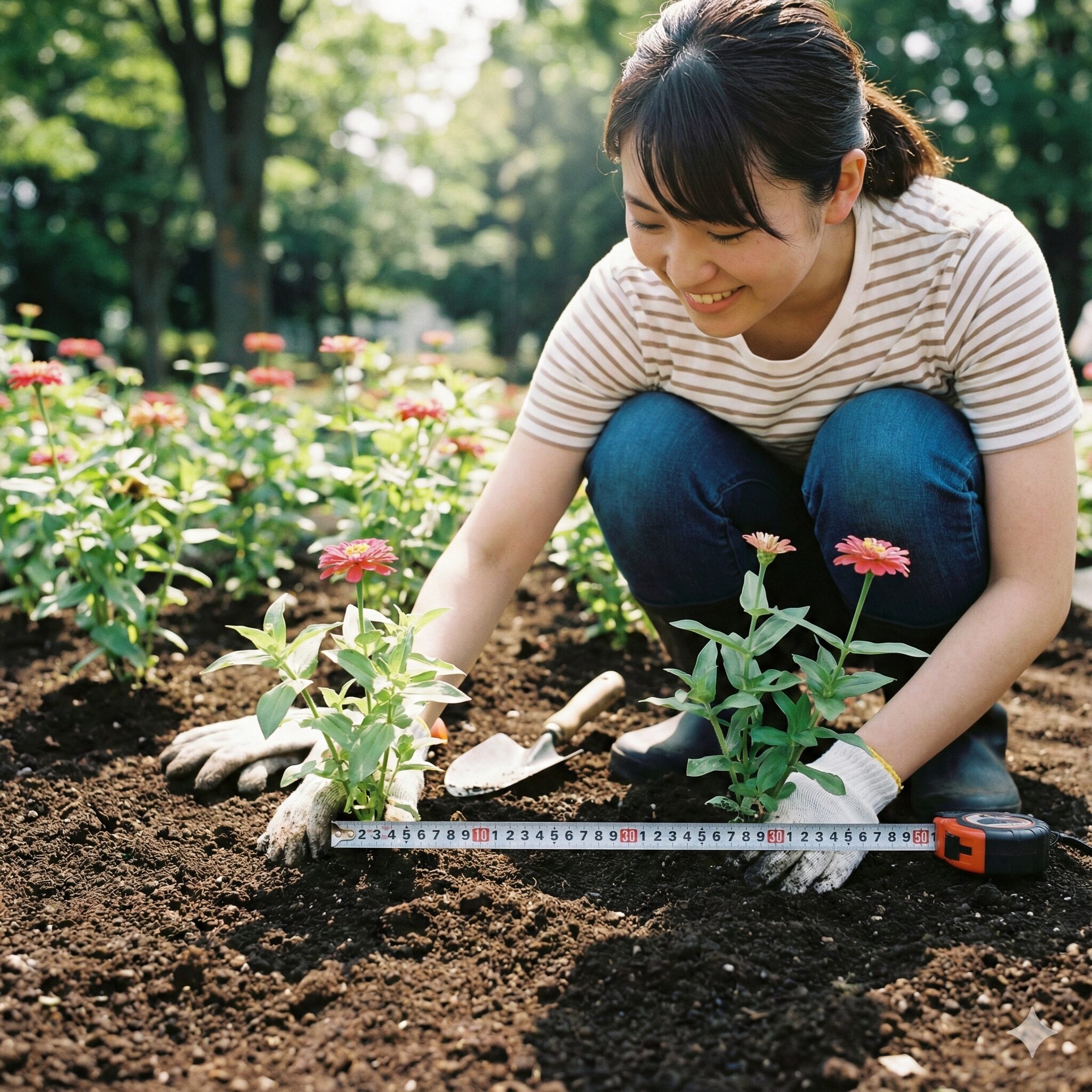 ジニア 種まき時期 花壇に適切な株間(約30cm)を空けて定植されたジニアの苗とメジャー