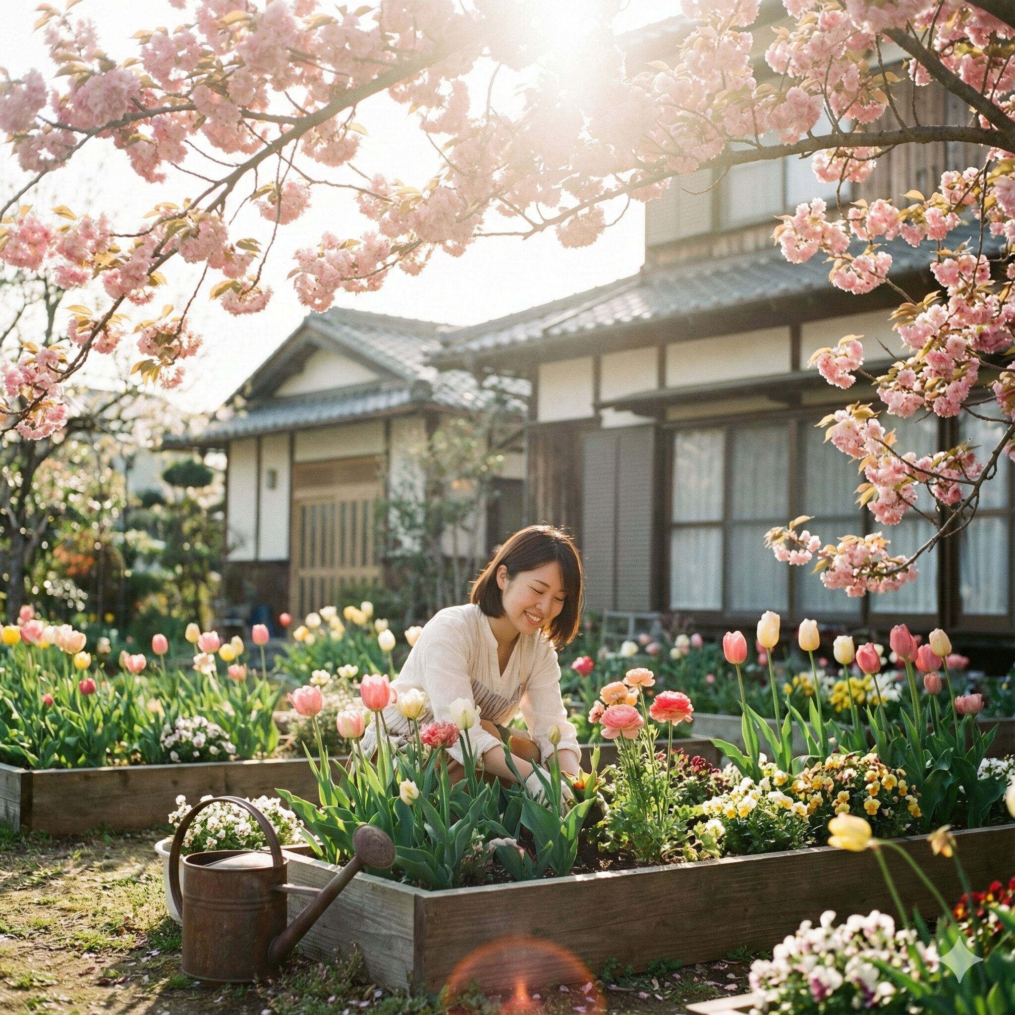ジニア 種まき時期 ジニアの種まき適期を示す、満開の八重桜と春の庭の風景