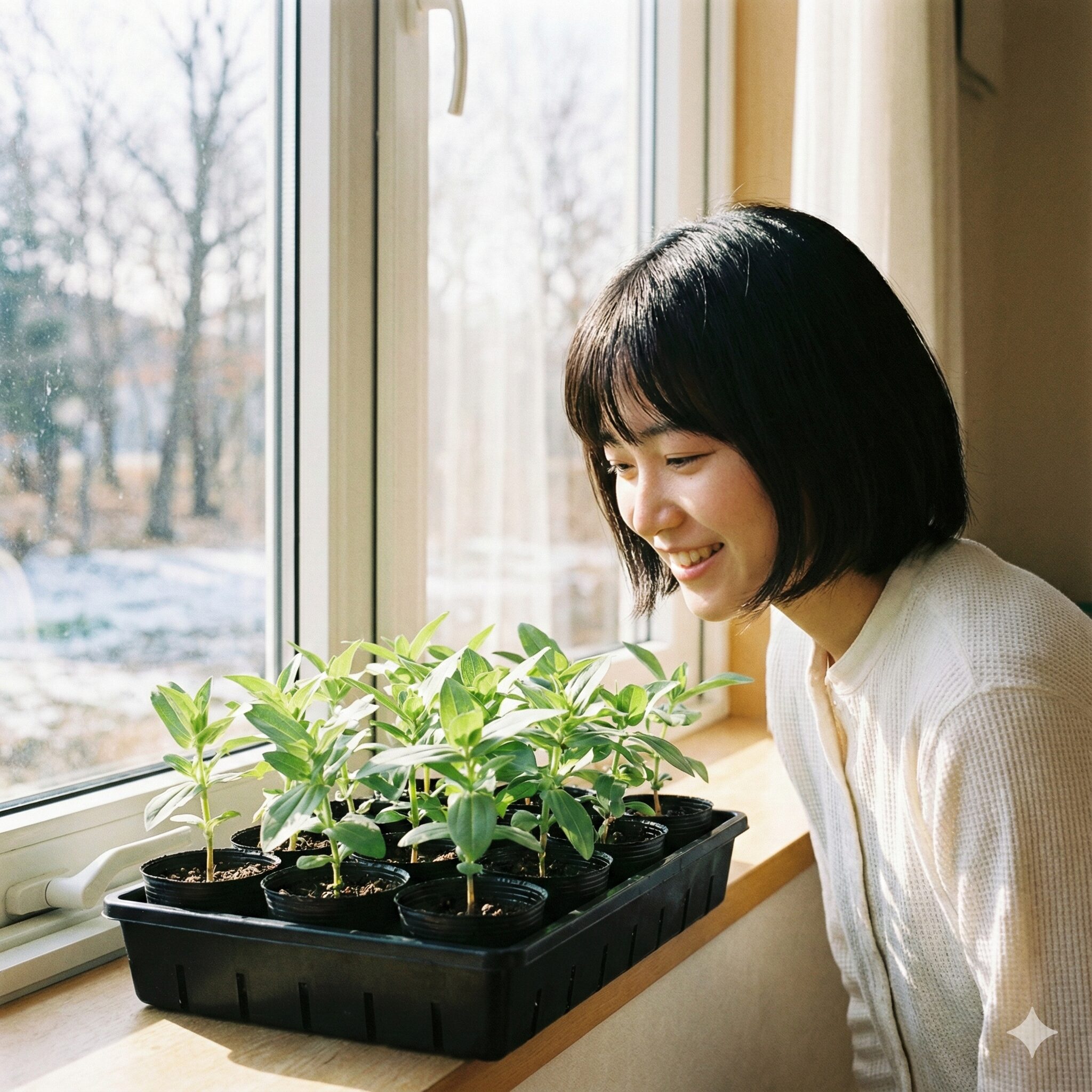 ジニア 種まき時期 寒冷地での対策として、室内の窓辺でポット育苗されているジニアの幼苗