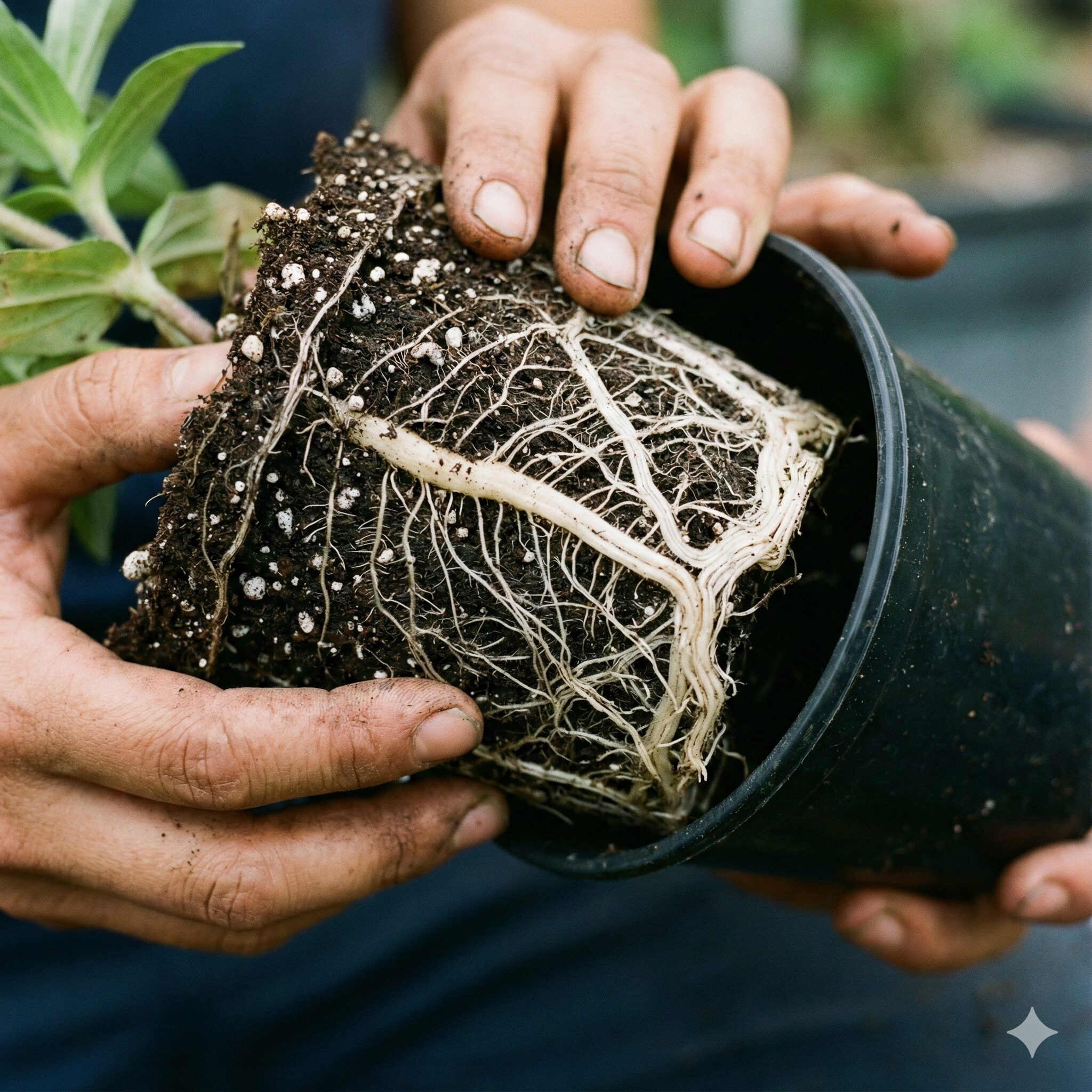 ジニア 種まき時期 ポットから抜いたジニアの苗の根鉢。直根性の太い根と健康な細根が見える