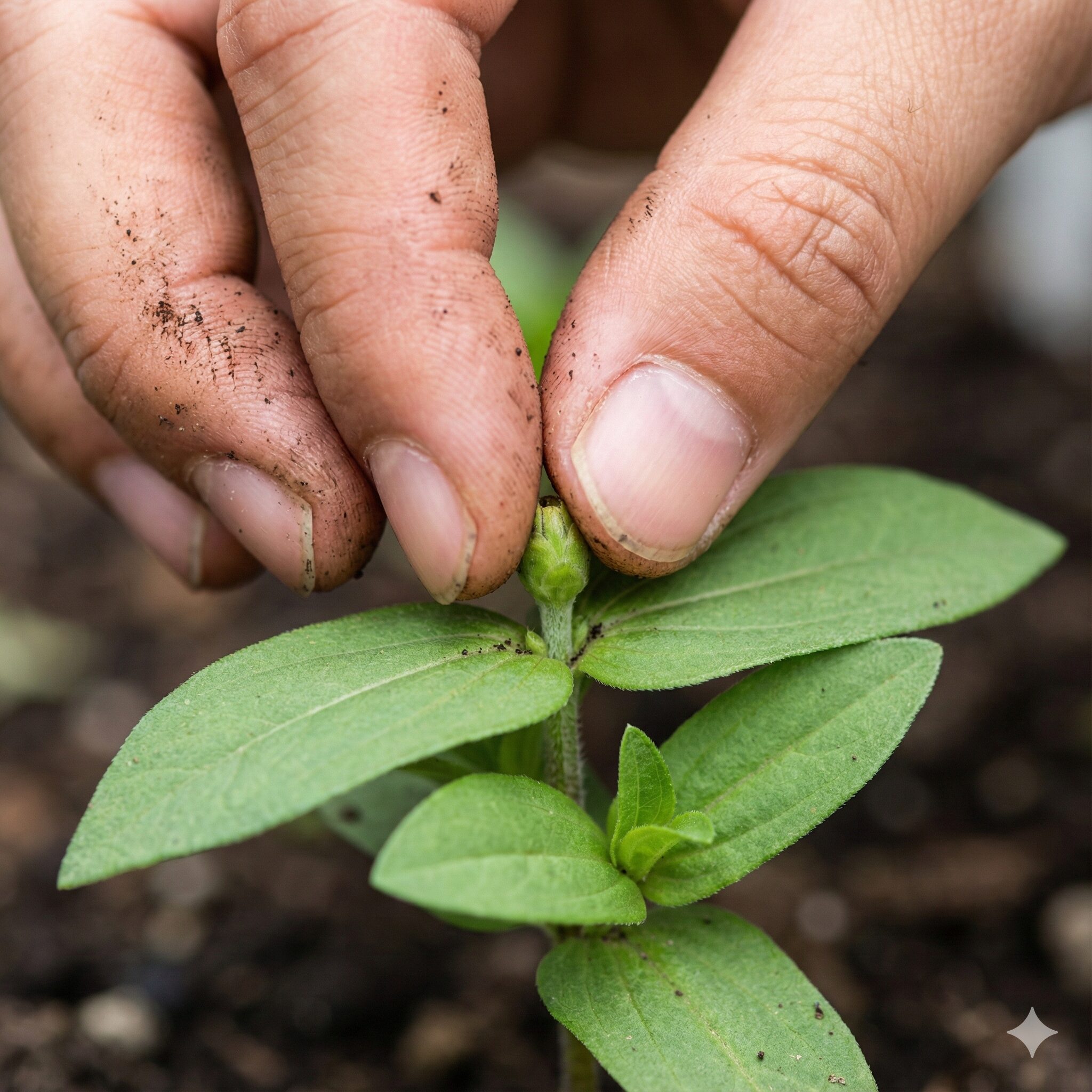ジニア 種まき時期 ジニアのエレガンス系の苗を指で摘芯(ピンチ)している様子