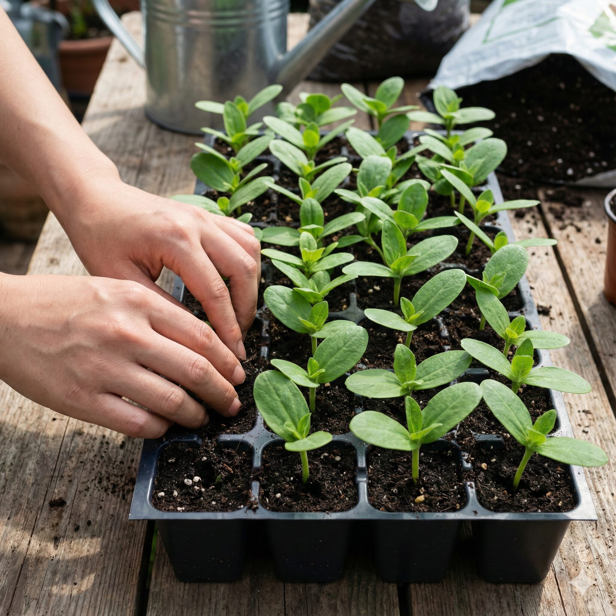 ジニア 育てかた　セルトレイで一斉に発芽が揃った健康なジニアの幼苗
