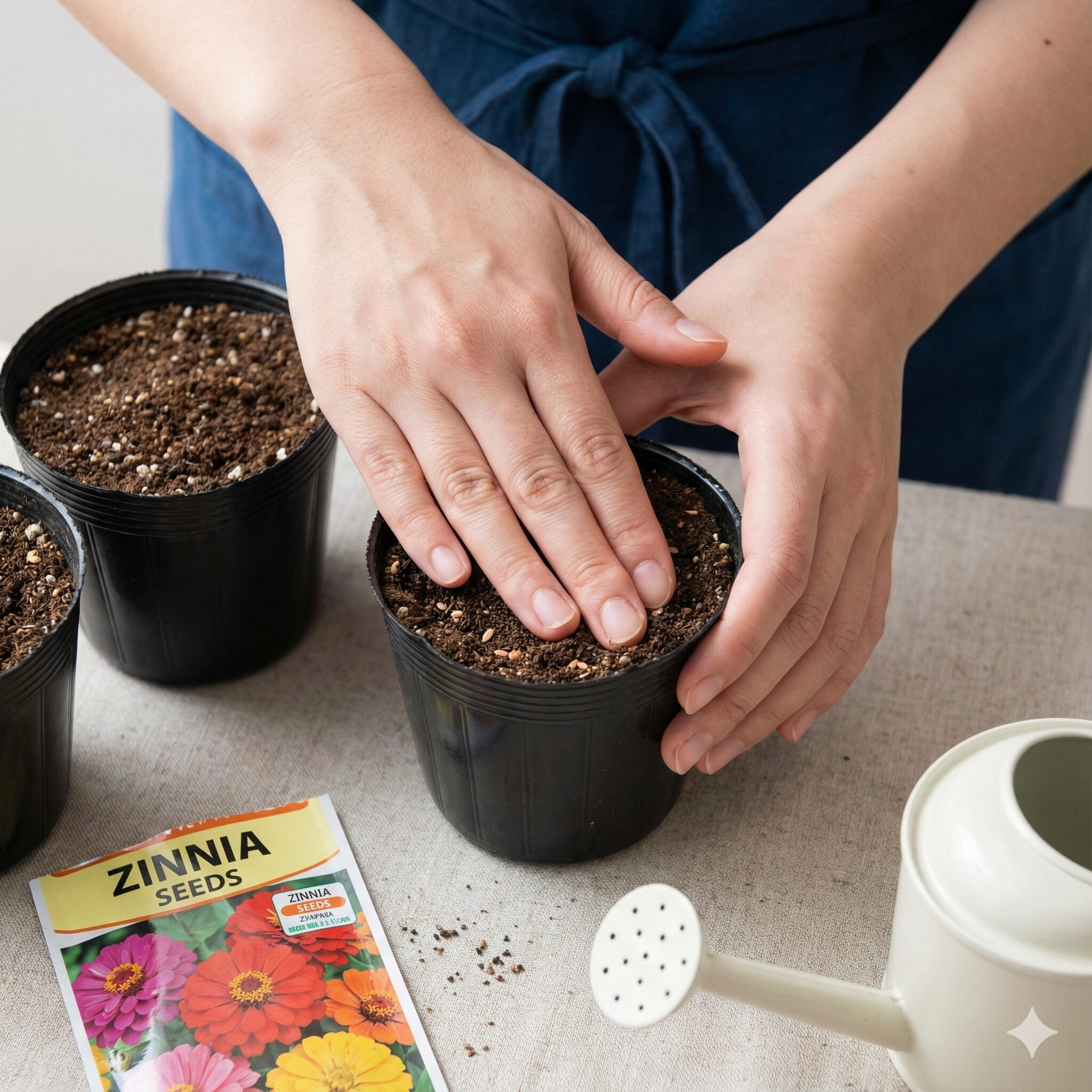 ジニア 育てかた　ジニアの種まき後、手のひらで軽く土を押さえて覆土と鎮圧を行う様子