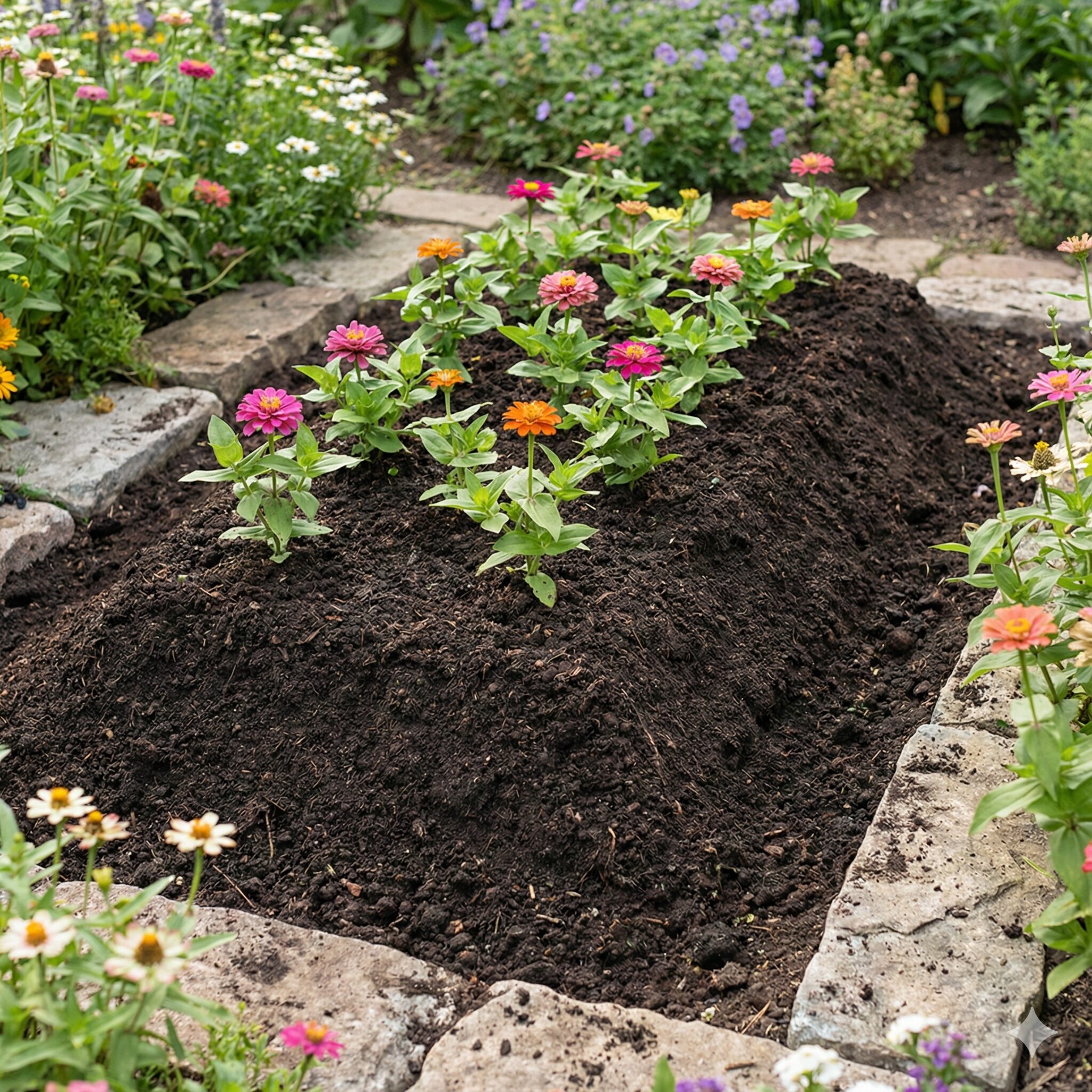 ジニア 育てかた　排水性を高めるために土を高く盛った高畝（マウンド）に植えられたジニア