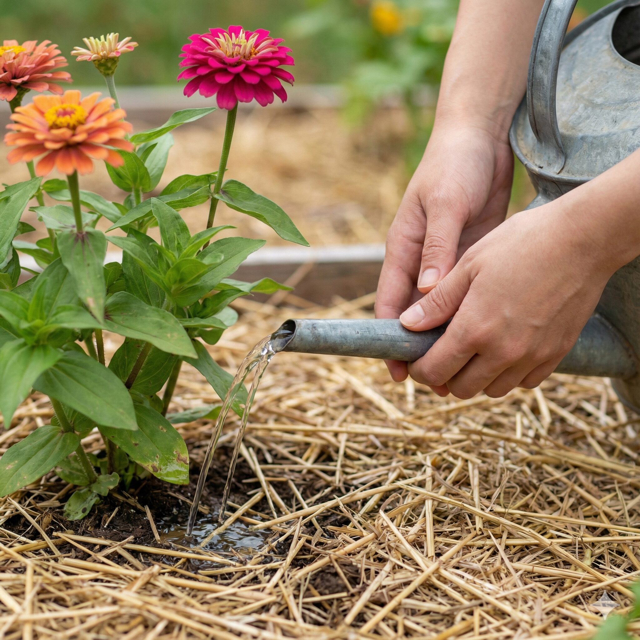 ジニア 育てかた　泥はねを防ぐためジョウロの口を株元に近づけて静かに水やりをする様子
