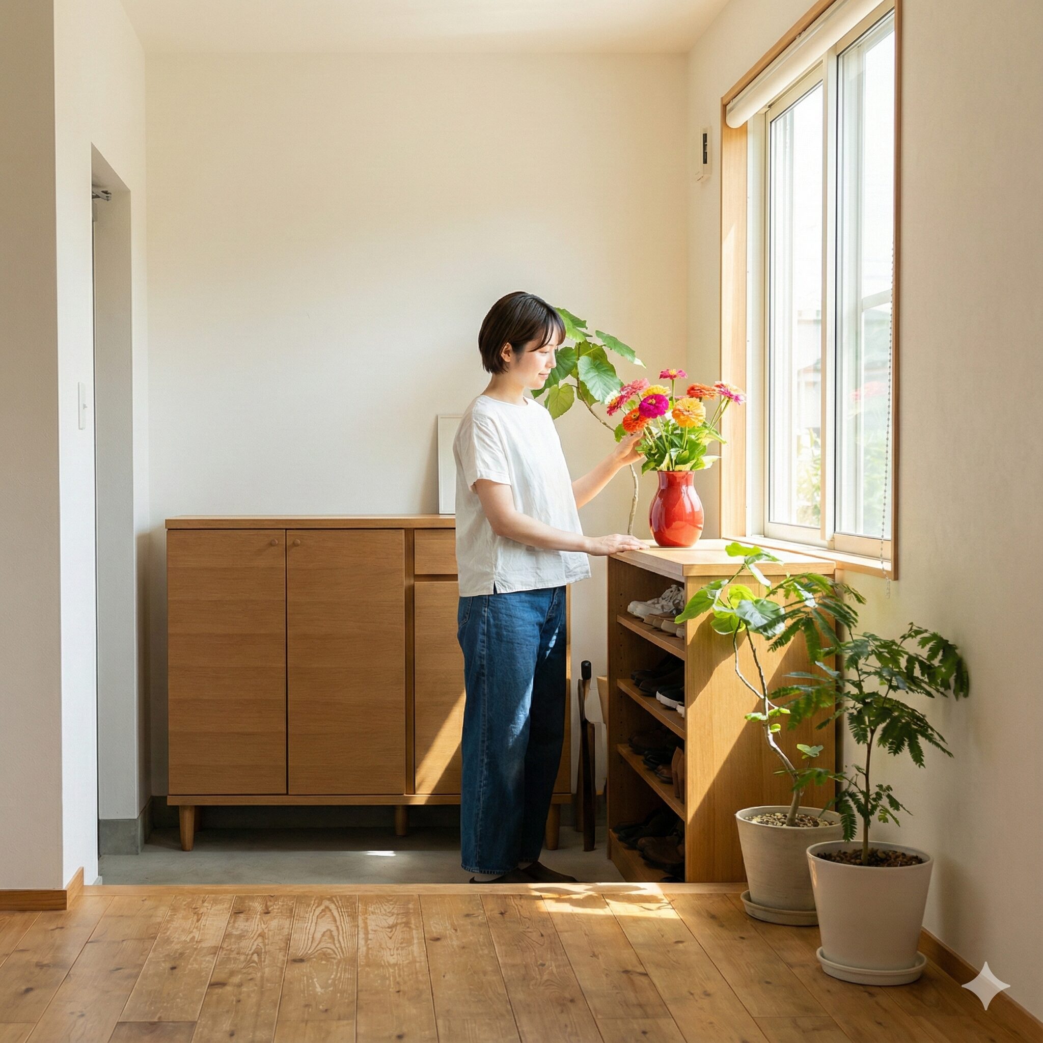 ジニア 花言葉 怖い 運気を高める風水アイテムとして玄関や南の方角に飾られた、赤い花瓶のジニアのアレンジメント