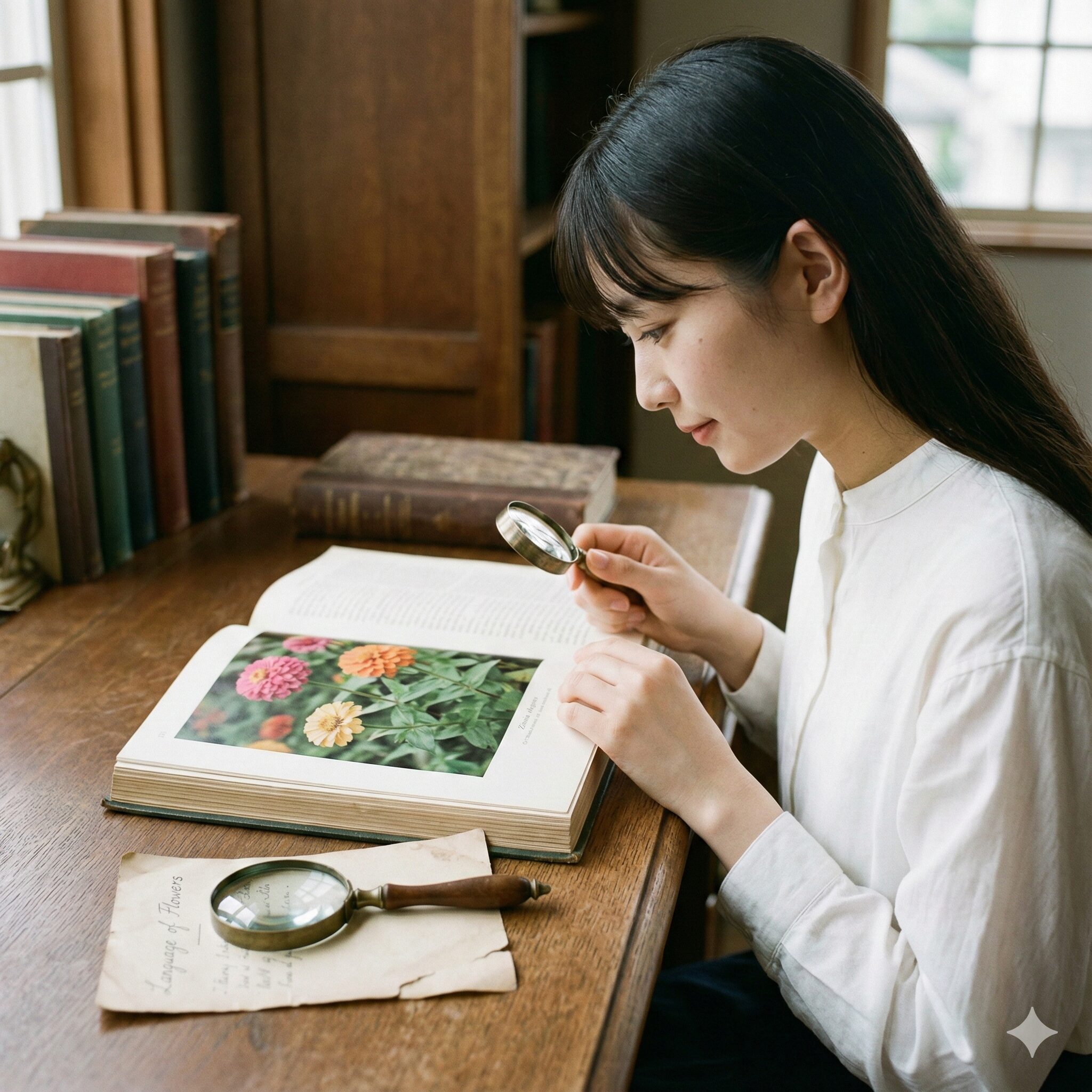 ジニア 花言葉 怖い ジニアの花言葉の由来や歴史的背景を調べるためのアンティークな植物図鑑とルーペ