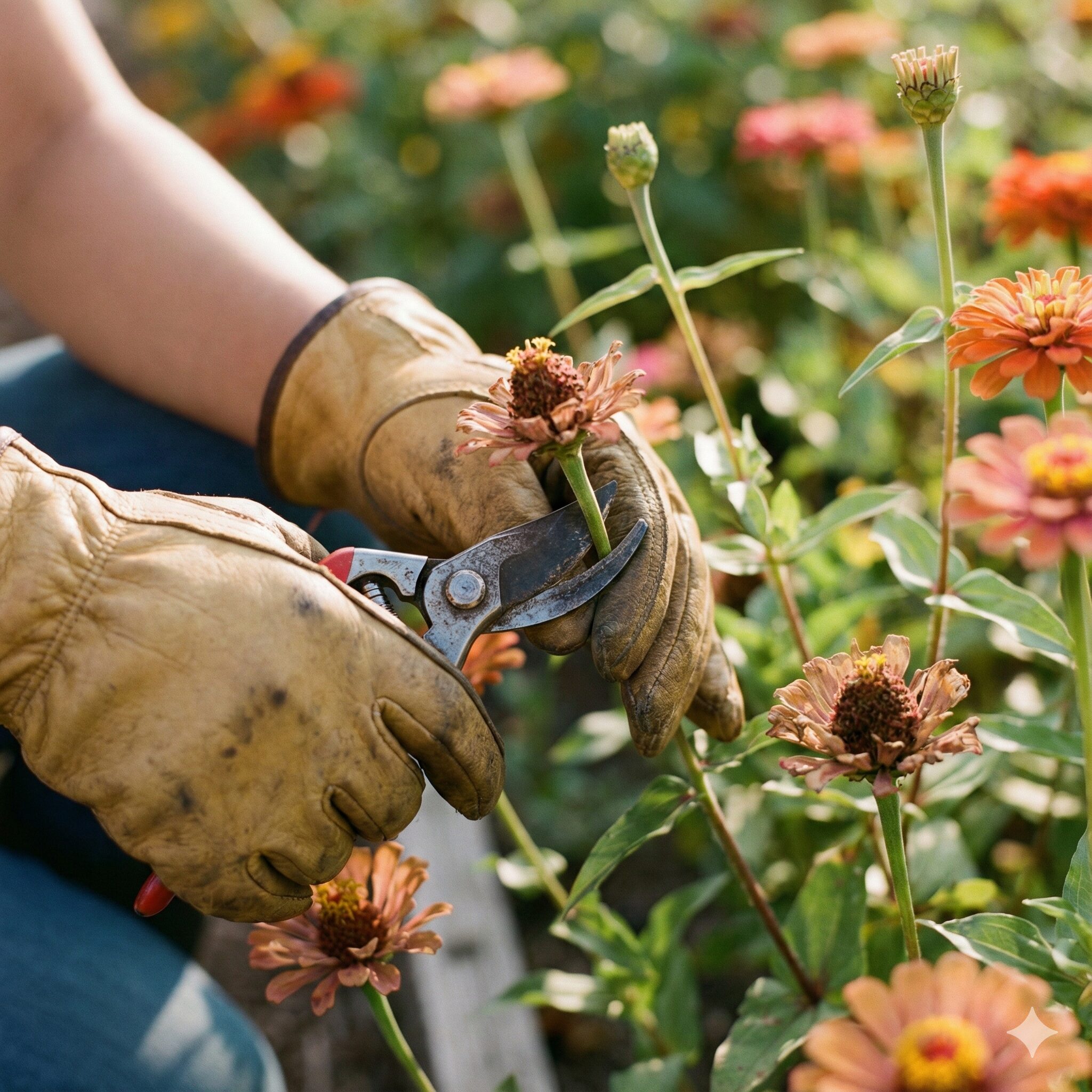 ジニア 花言葉 怖い 長期間花を楽しむためにジニアの花殻摘みを行い、こまめな手入れをしているガーデナーの手元