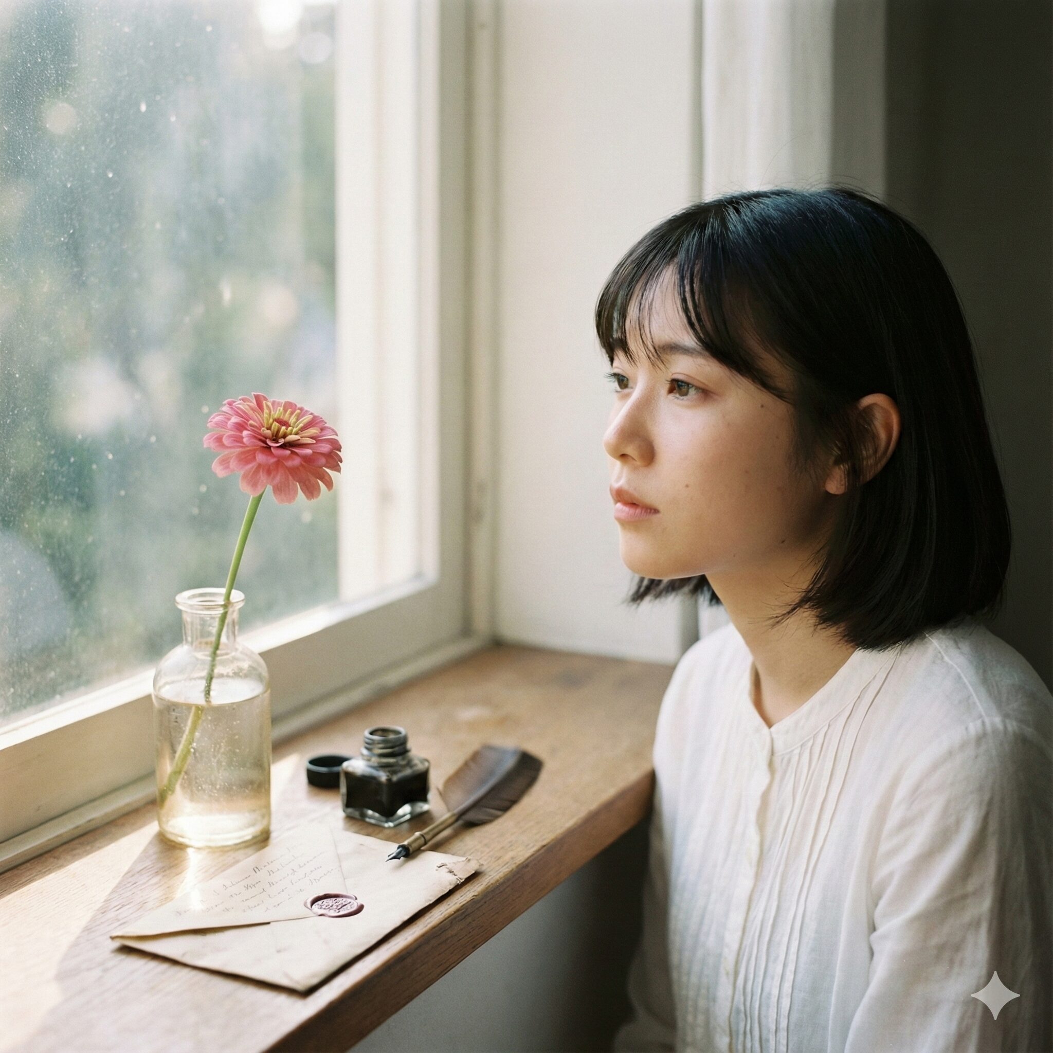 ジニア 花言葉 怖い 窓辺に飾られた「不在の友を思う」という意味を持つピンクのジニアの一輪挿しと手紙