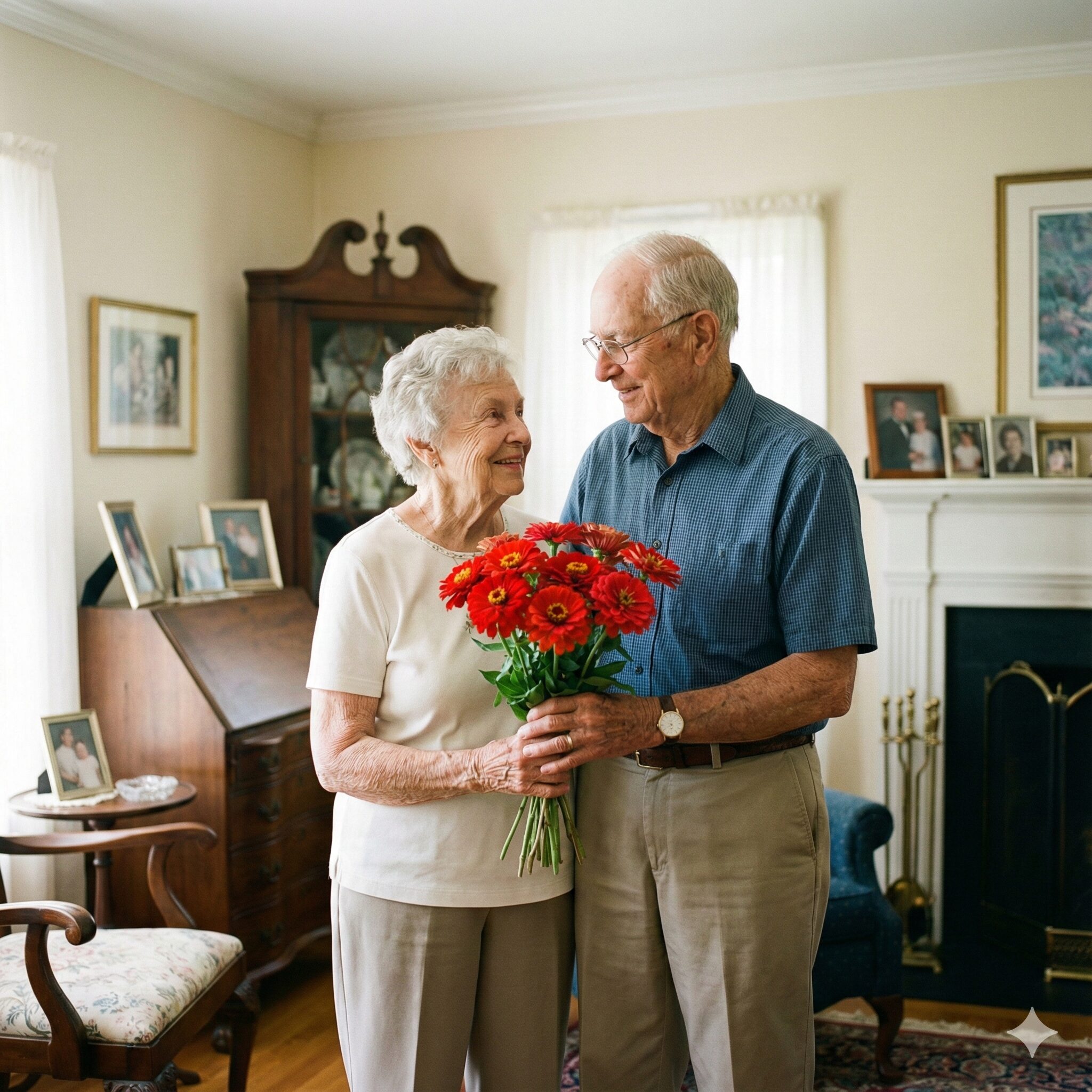 ジニア 花言葉 怖い 「幸福」と「変わらぬ心」を象徴する赤いジニアの花束を手に持ち、記念日を祝う仲睦まじい夫婦