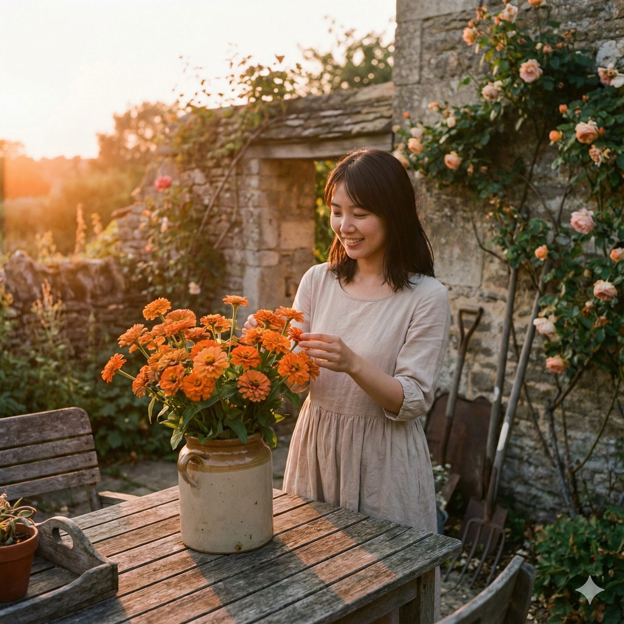 ジニア 花言葉 怖い 「古き良き時代」や「懐かしい思い出」を花言葉に持つ、夕暮れ時の光に包まれたオレンジ色のジニア