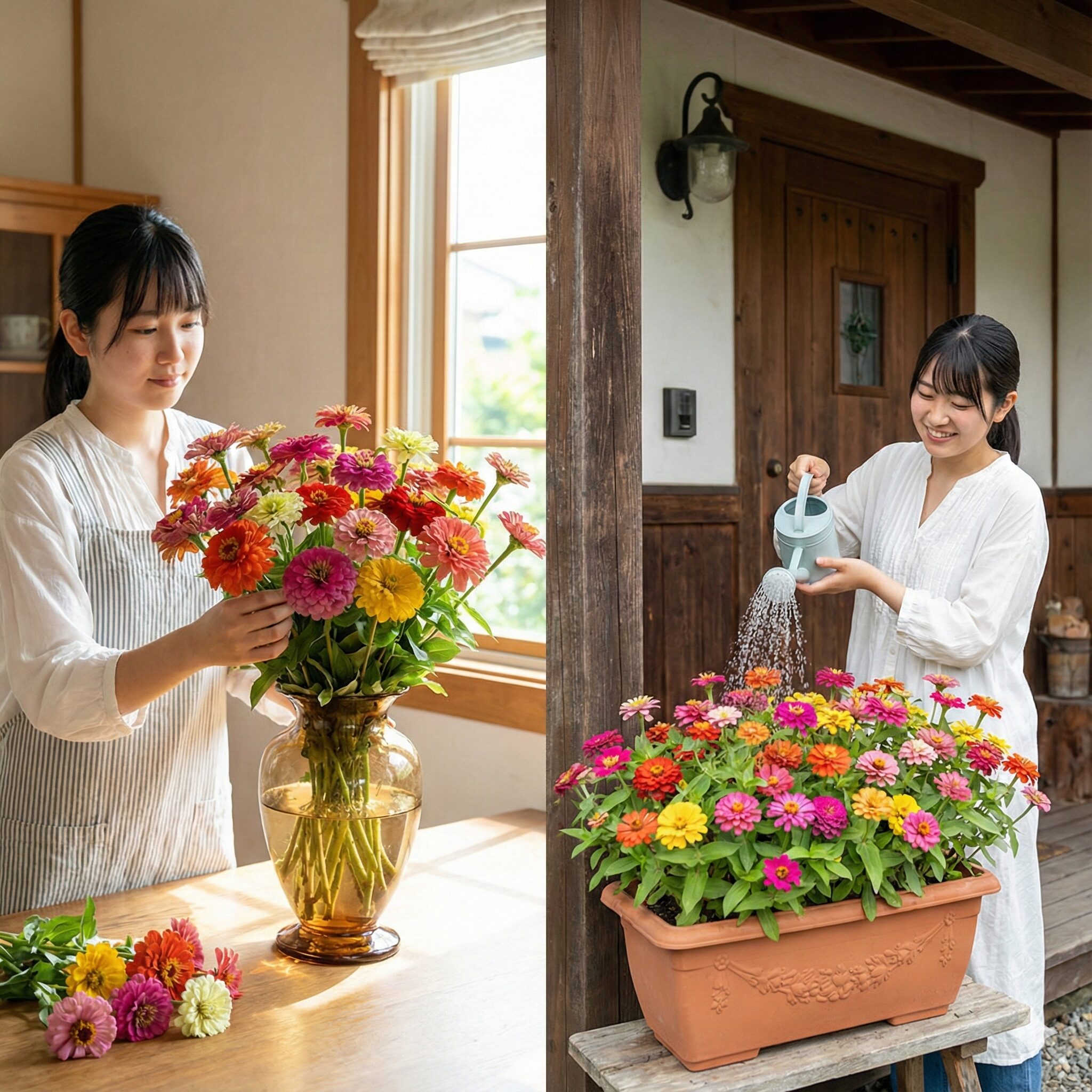 ジニアと百日草の違い　用途別の楽しみ方：百日草の豪華な切り花とジニアのプランター寄せ植え