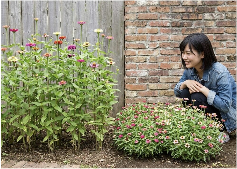 ジニアと百日草の違い　百日草とジニアの草丈の違い：直立する高性種と横に広がる矮性種