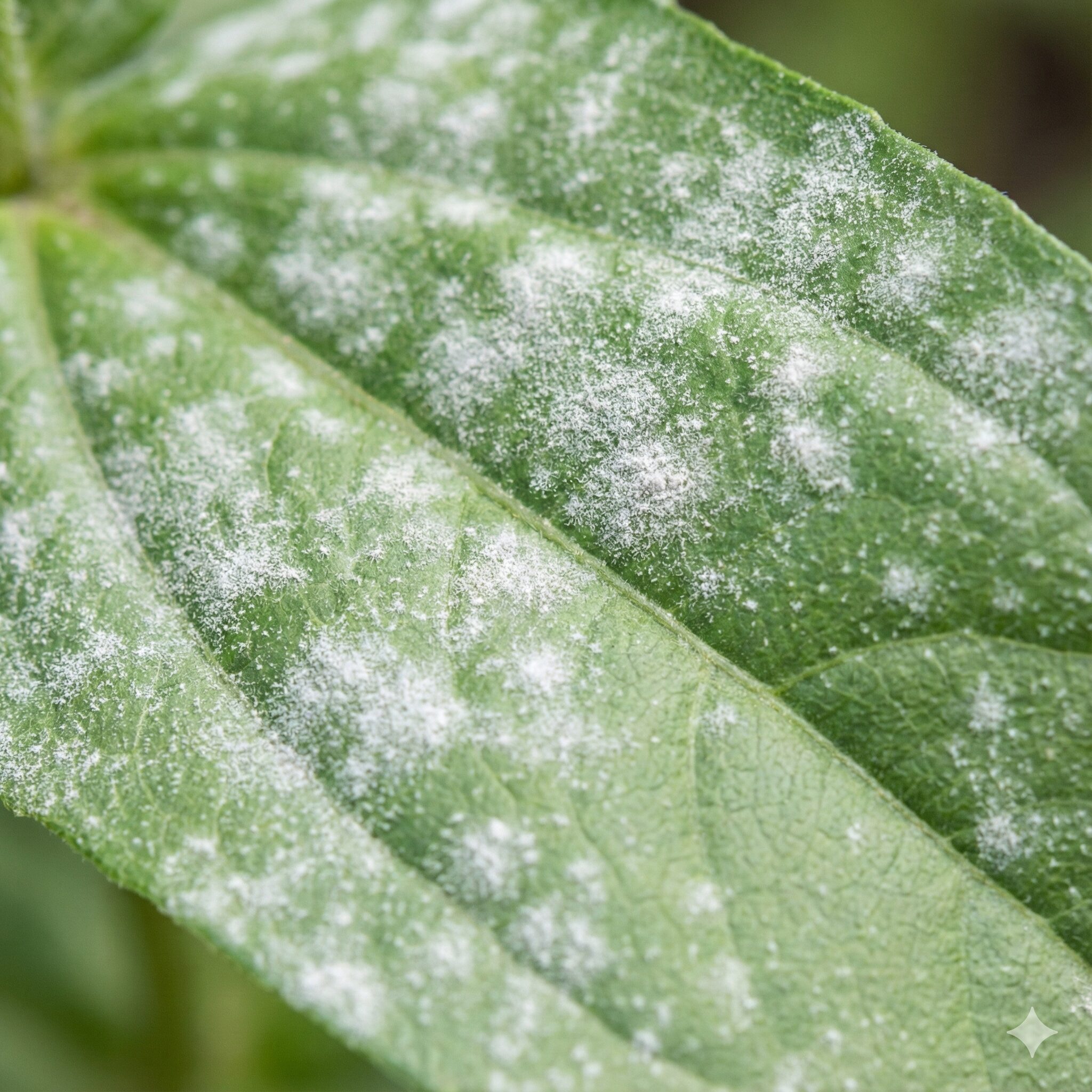 ジニアと百日草の違い　百日草の葉に発生したうどんこ病の初期症状（白い粉状のカビ）