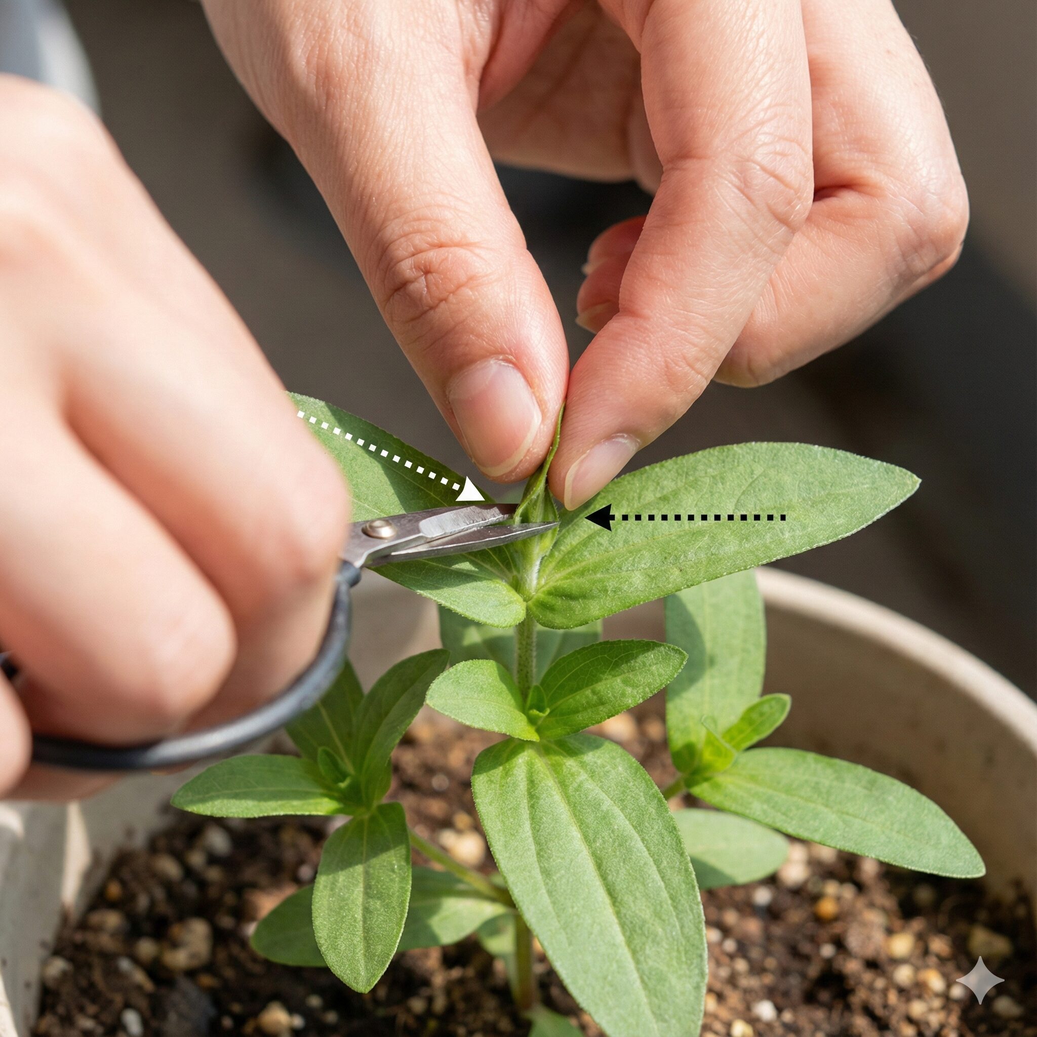 ジニアと百日草の違い　百日草の脇芽を増やすための摘芯（ピンチ）作業の位置と方法