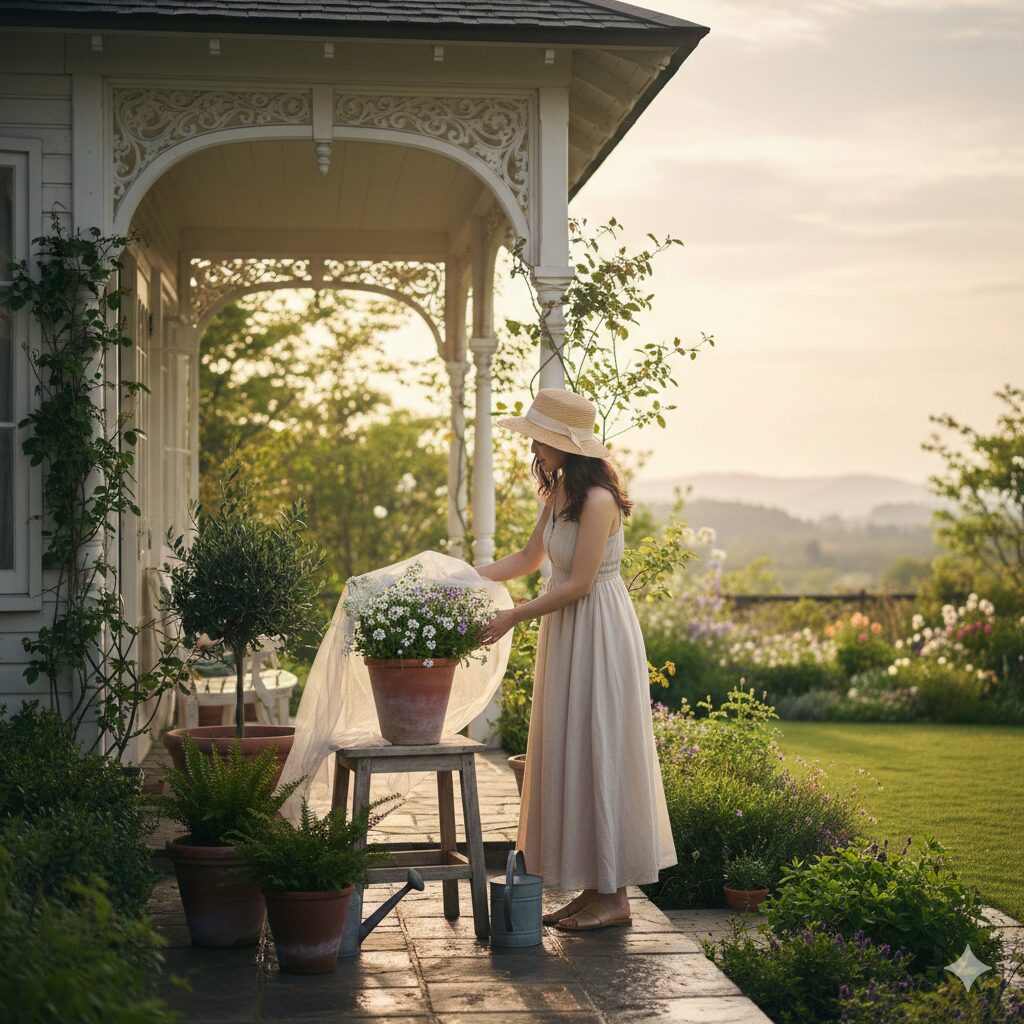スイートアリッサム 冬越し　冬越しを終え、屋外の軒下（半日陰）に移動され、新しい環境に慣らされているスイートアリッサムの鉢植え。