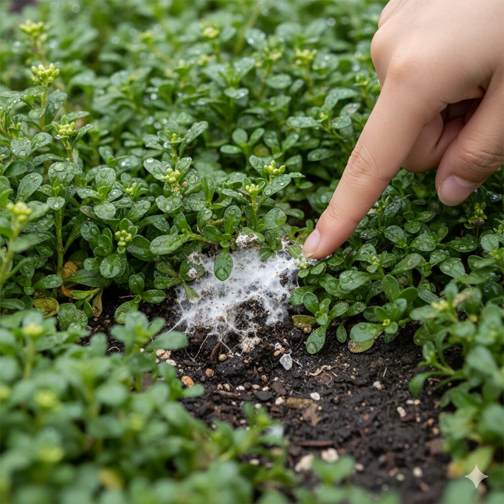 スイートアリッサム 冬越し　スイートアリッサムの株元に発生した白い綿状のカビ（菌核病）のクローズアップ。冬越し失敗の原因となる「蒸れ」の危険性。
