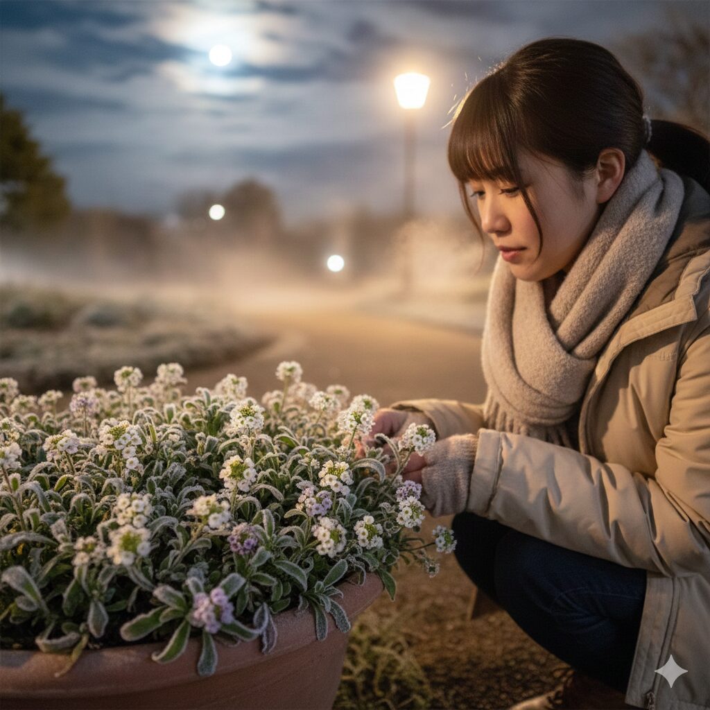 スイートアリッサム 冬越し　スイートアリッサムの葉と土に薄く降り積もった霜。植物が霜や凍結による凍害を受けている様子。