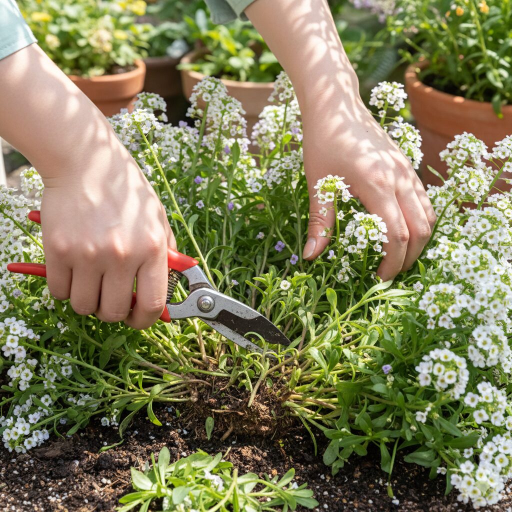 スイートアリッサム 冬越し　晩秋の強剪定作業：ハサミでスイートアリッサムの株元を透かし、風通しを良くするために深く切り戻している様子。