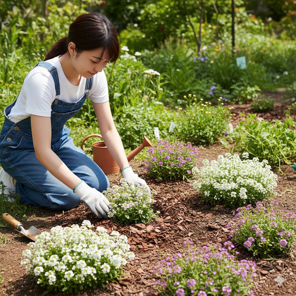 スイートアリッサム 冬越し　スイートアリッサムの地植えの株元を腐葉土でマルチングしている様子。霜対策と乾燥防止に効果的な冬の被覆材。