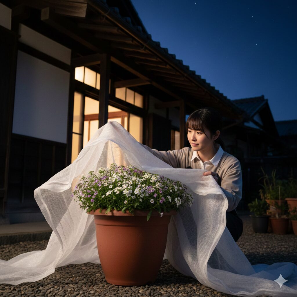 スイートアリッサム 冬越し　鉢植えのスイートアリッサムを軒下に移動させ、夜間の防寒のため不織布（寒冷紗）で覆って保護している様子。