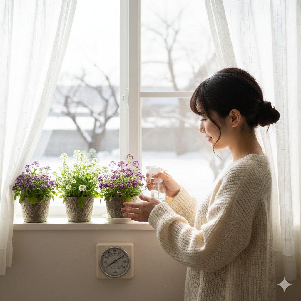 スイートアリッサム 冬越し　寒冷地での屋内管理：スイートアリッサムが置かれた日当たりの良い窓際。理想的な休眠温度帯を示す温度計。