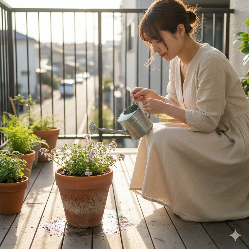 スイートアリッサム 冬越し　早朝の光の中で、乾燥したスイートアリッサムの鉢土に少量ずつ水を与えている手元。凍害回避の注意喚起。