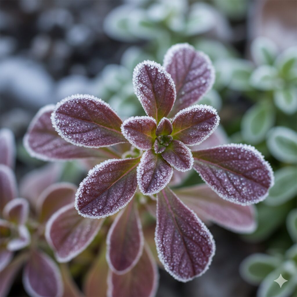 スイートアリッサム 冬越し　低温ストレスにより赤紫色に変色したスイートアリッサムの葉のクローズアップ。低温期によく見られる生理現象のサイン。