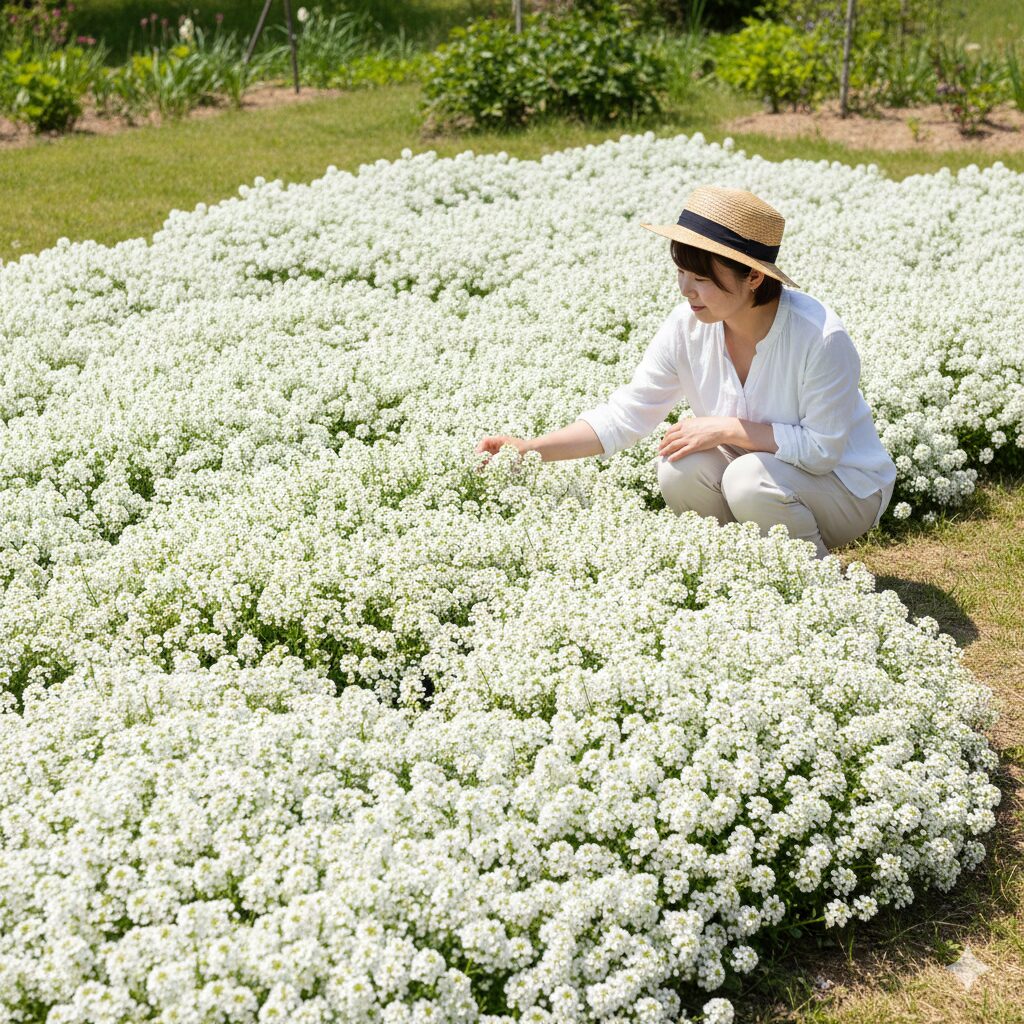 地植えで長期間元気に咲き誇るスーパーアリッサムの白いグランドカバー。従来の品種よりも耐暑性が高いことがわかる広範囲を覆う様子。