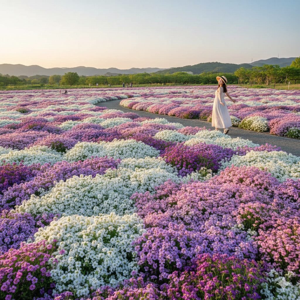 スイートアリッサム 地植え　白、紫、ピンクのスーパーアリッサムが庭の広い範囲を隙間なく覆い、美しい絨毯のように広がる長期維持されたグランドカバーの全景。