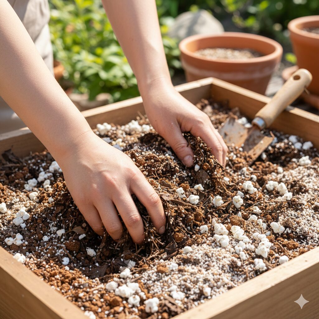 スイートアリッサム 地植え　粘土質の庭土にパーライトや腐葉土、川砂を混ぜ込み、水はけと通気性を改善している土壌改良の作業風景。