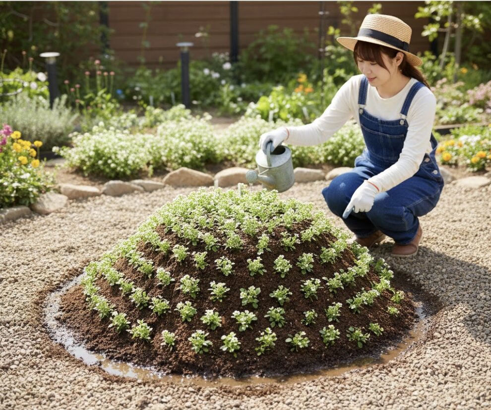地植えのスイートアリッサムを過湿から守るために、周囲の地面より土を高く盛り上げた「高植え」の構造を示す図。