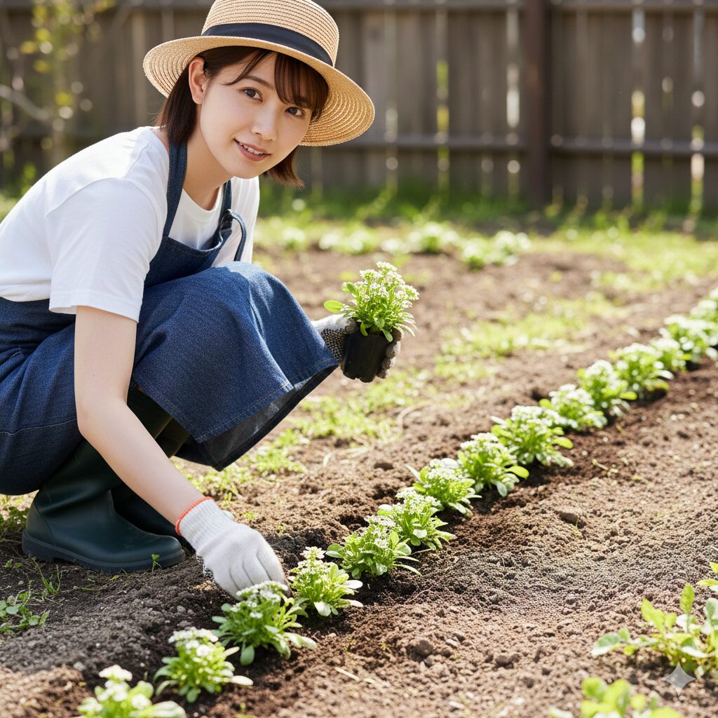 スイートアリッサムの地植えで、真夏の蒸れを防ぐために確保された適切な株間（20〜25cm）を示す植え付け直後の様子。