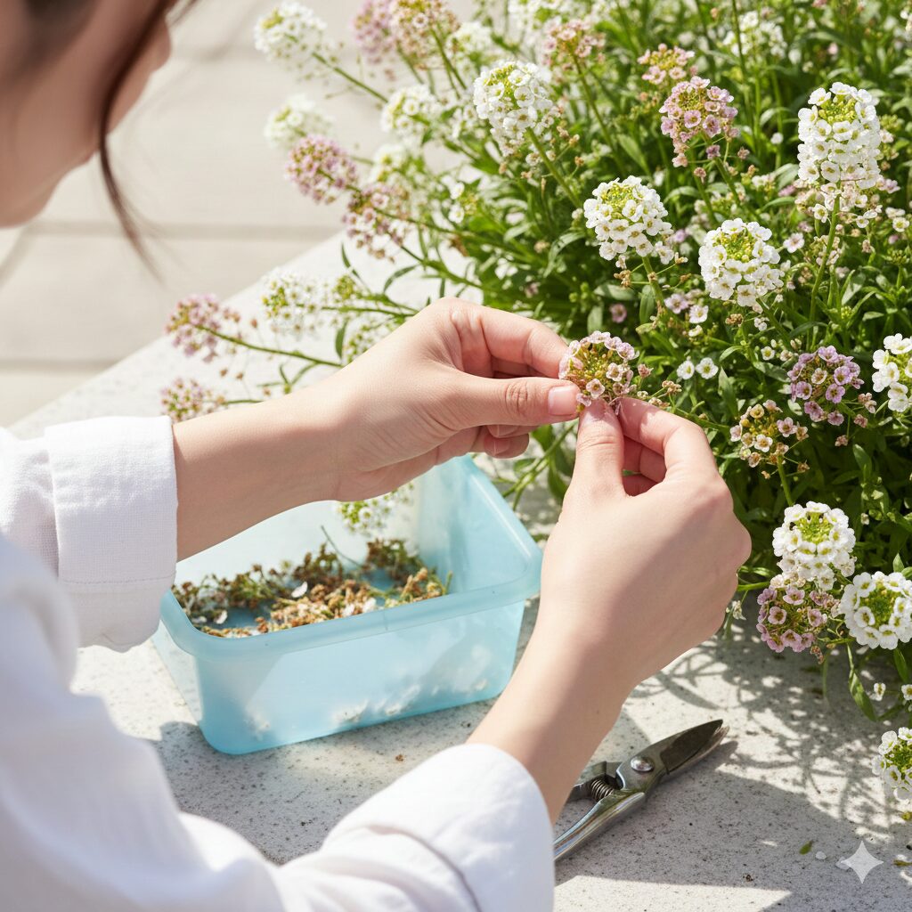スイートアリッサム 地植え　連続開花と病害予防を目的とし、咲き終わったスイートアリッサムの花がらを手で積み取っているデッドヘッディング作業のクローズアップ。