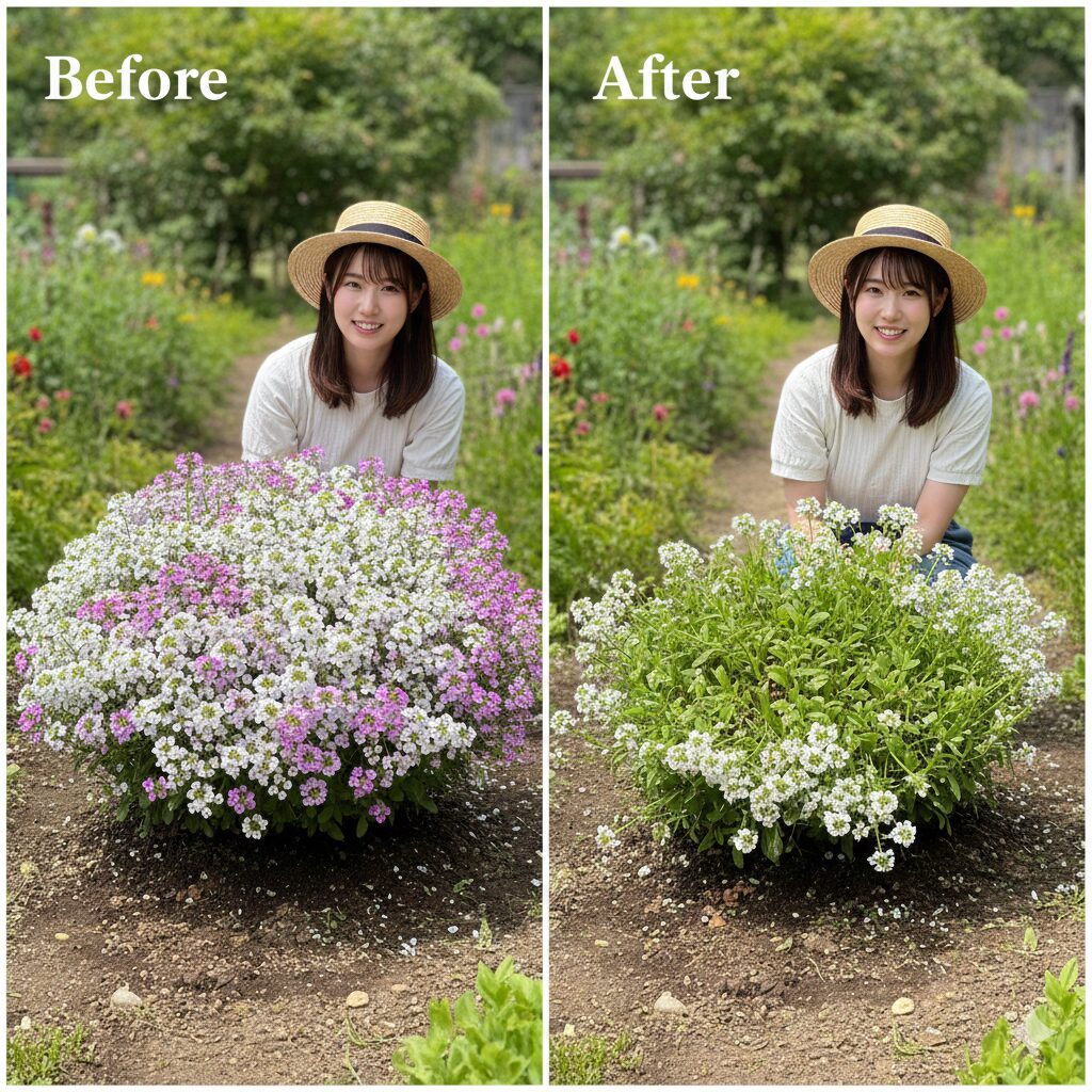 スイートアリッサム 地植え　スイートアリッサムの越夏成功の鍵である、梅雨入り前に株全体の1/3をカットする強剪定（切り戻し）のビフォーアフター。