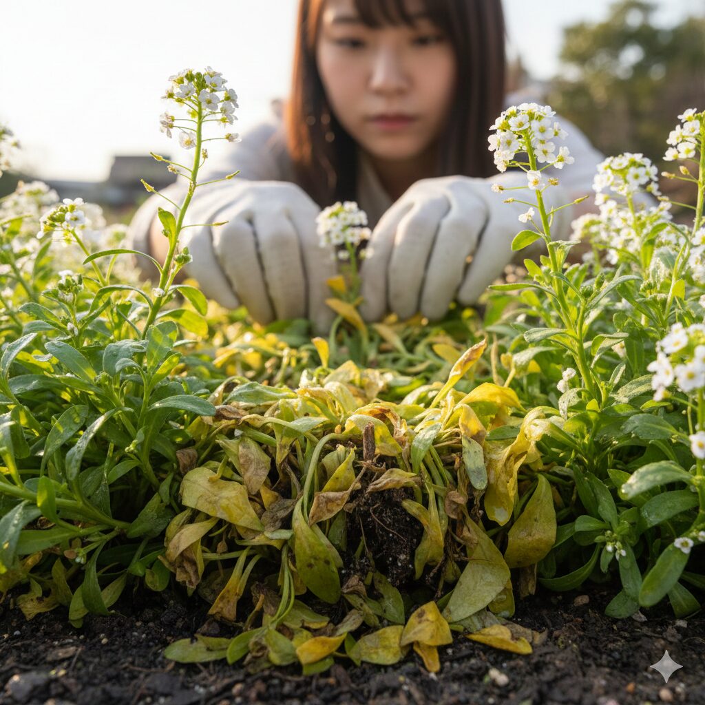 スイートアリッサム 地植え　密集したスイートアリッサムの株元に湿気と熱がこもり、葉が黄色く傷み始めている「群れと蒸れ」による病害の初期兆候。