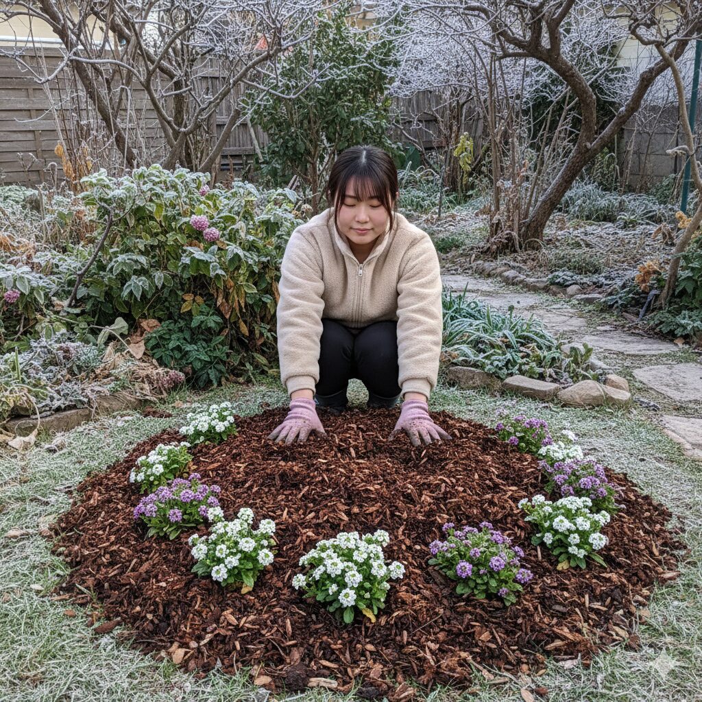 寒冷地での越冬対策として、スイートアリッサムの地植えの株元に腐葉土とバークチップでマルチングを施し、根を霜から保護している様子。