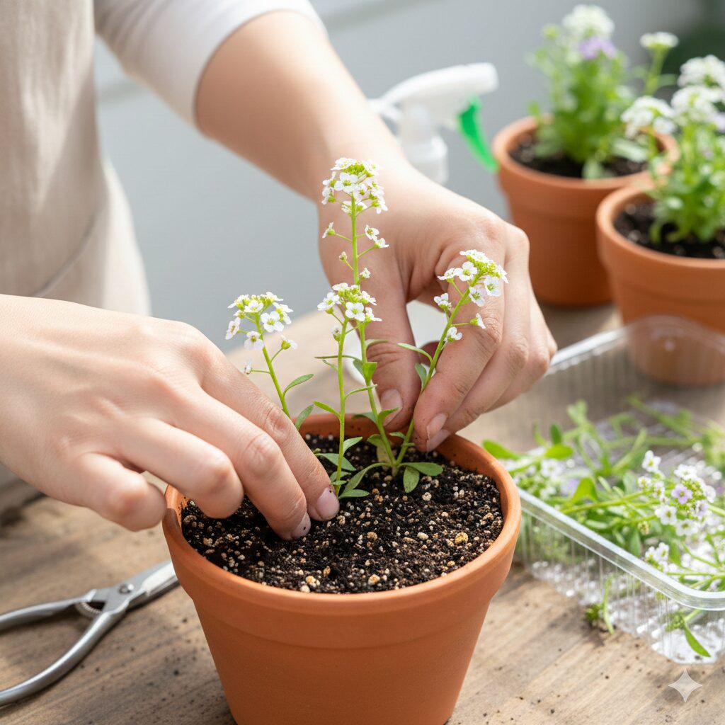 スイートアリッサム 多年草　スイートアリッサムの挿し芽を準備し、用土に挿している手元のクローズアップ。