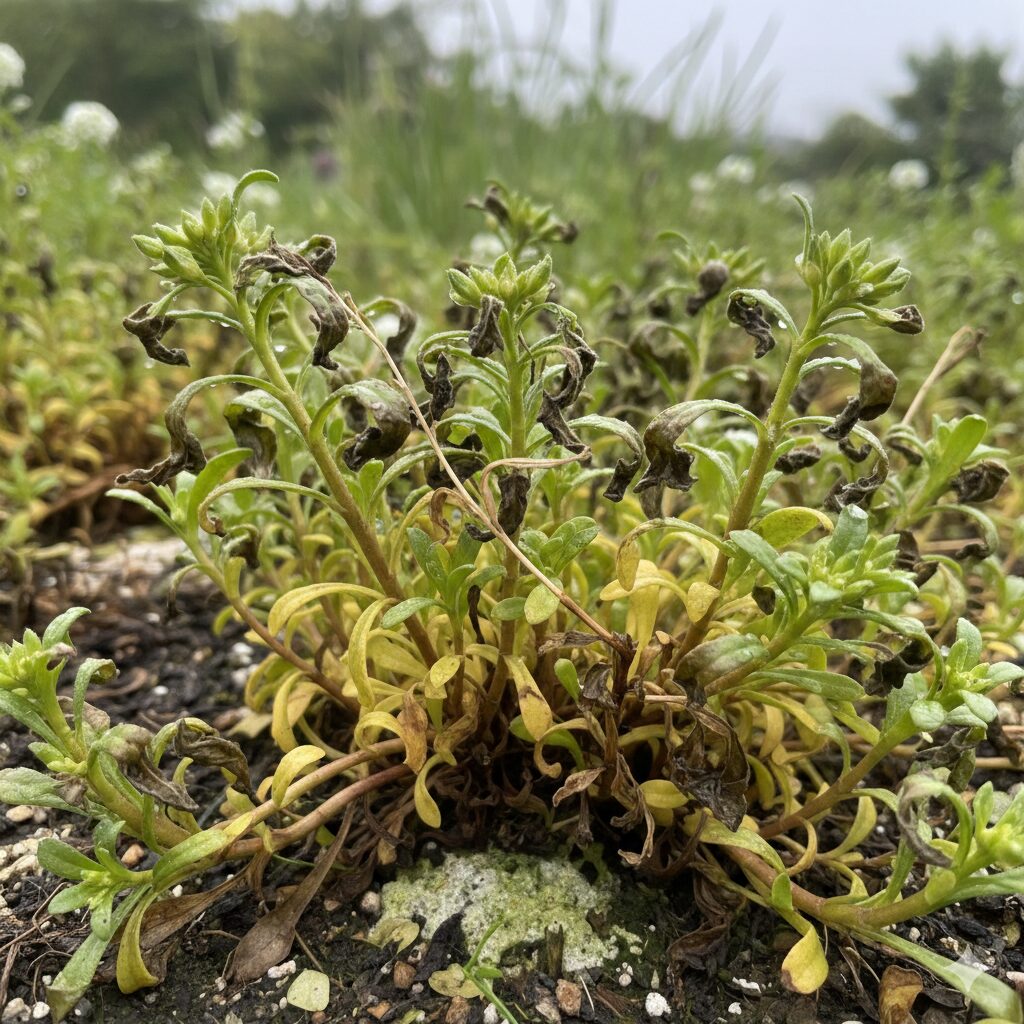 スイートアリッサム 多年草 日本の夏の高温多湿で株元が蒸れて枯れかけているスイートアリッサム。