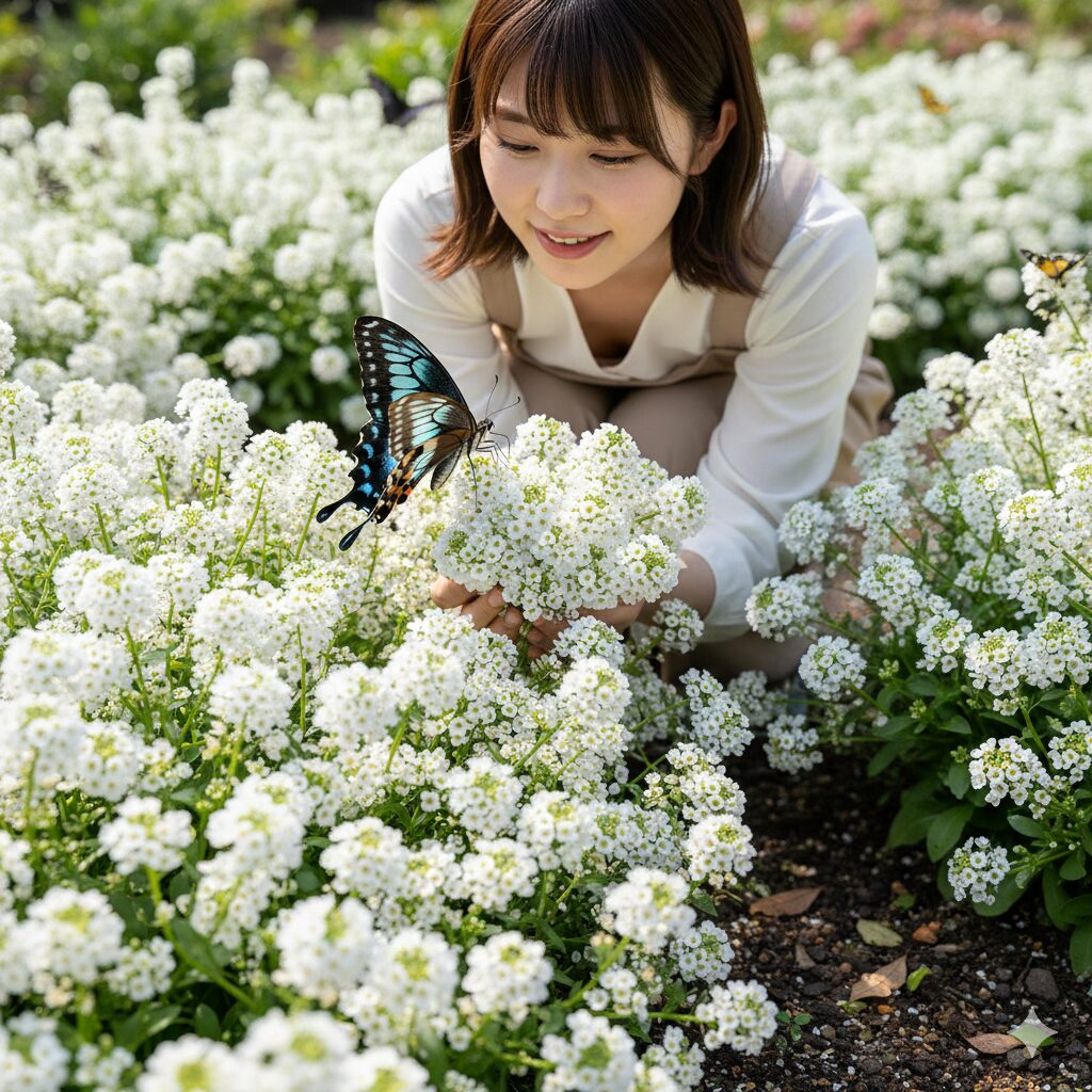 スイートアリッサム 多年草　甘く香るスーパーアリッサムの花に舞い降りて蜜を吸う蝶。