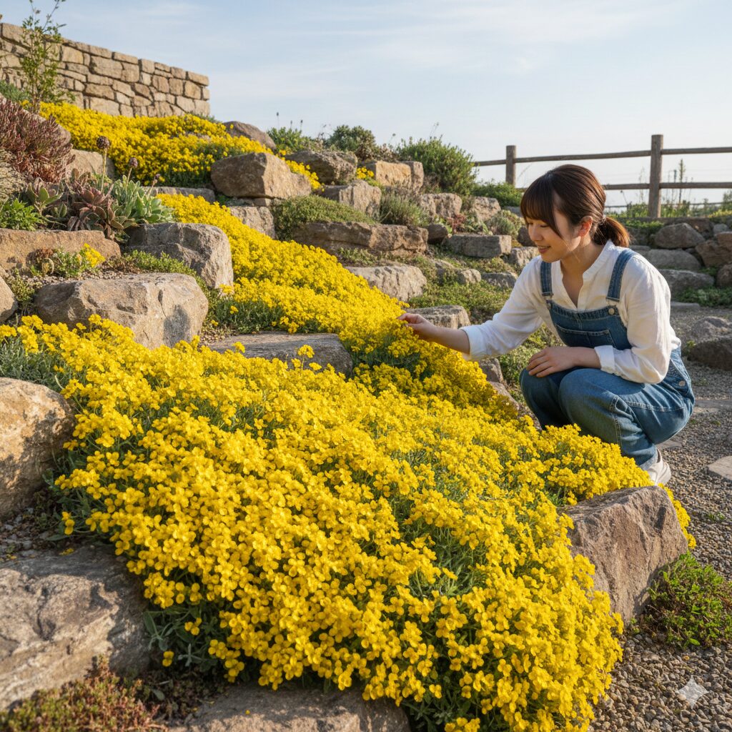 スイートアリッサム 多年草　春の日差しを浴びて黄金色の花が咲き誇る宿根アリッサム「マウンテンゴールド」。