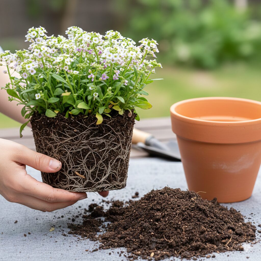 スイートアリッサム 多年草　鉢いっぱいに根が詰まったスイートアリッサムの根鉢と、植え替え準備中の新しい鉢。