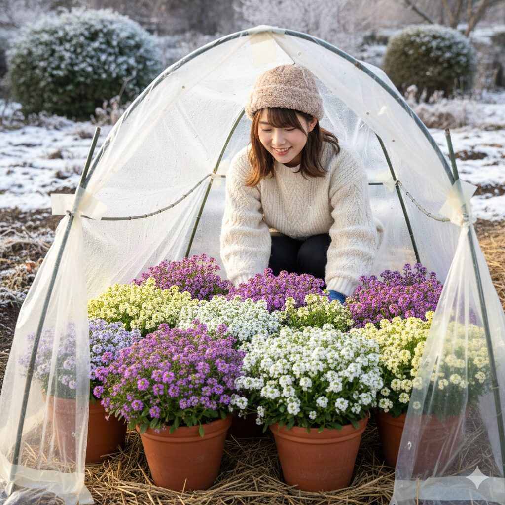 スイートアリッサム 多年草　冬の寒さから保護するため簡易ビニール温室で管理されている鉢植えのスイートアリッサム。