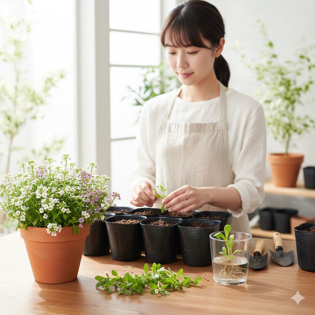 スイートアリッサムの挿し芽準備風景：親株、挿し穂、用土、育苗ポット
